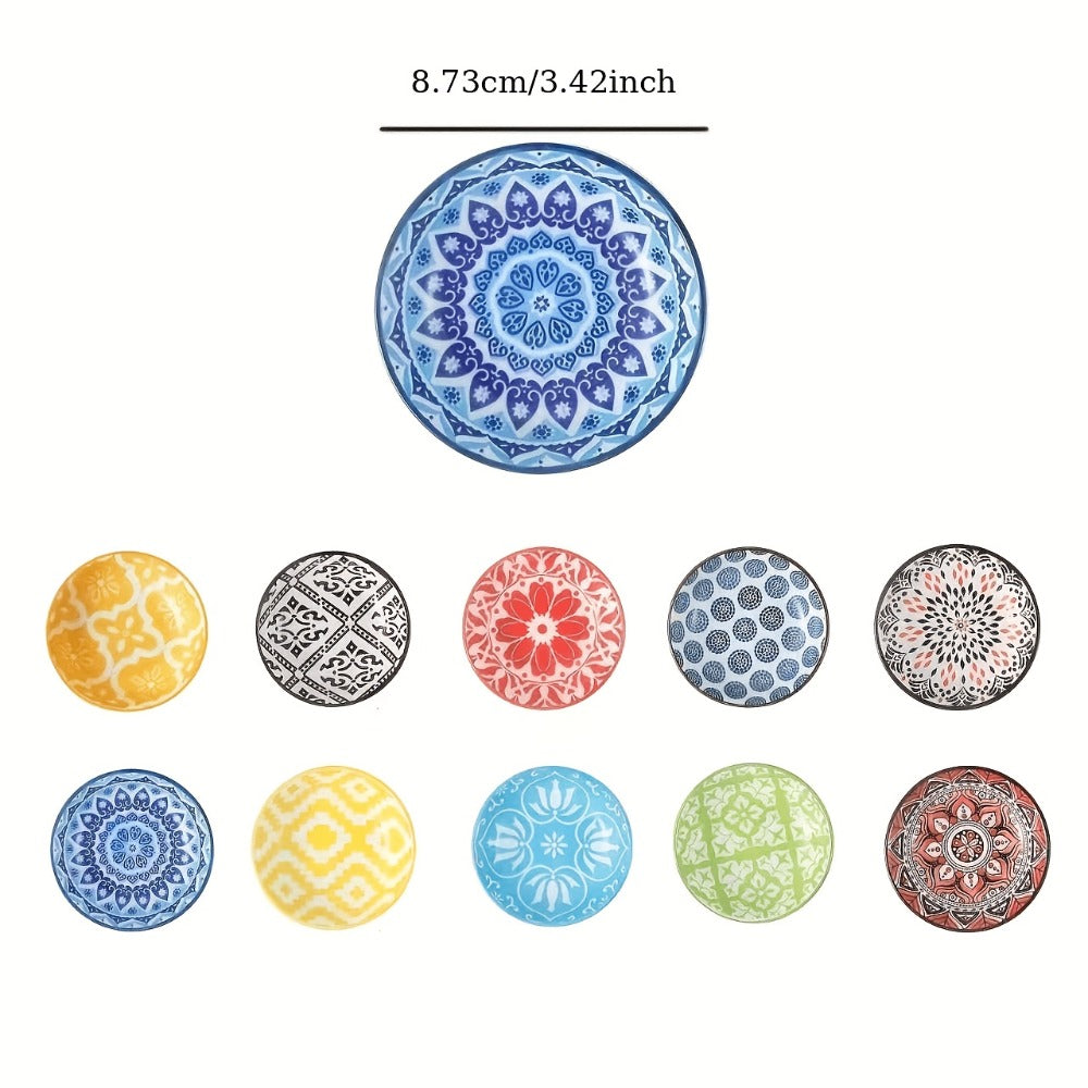 Ceramic Condiment Dish Set of 10 – Bohemian Small Saucer Dipping Bowls for Soy Sauce, Vinegar & Spices | Kitchen, Restaurant, Party, BBQ & Picnic Use | Machine Washable