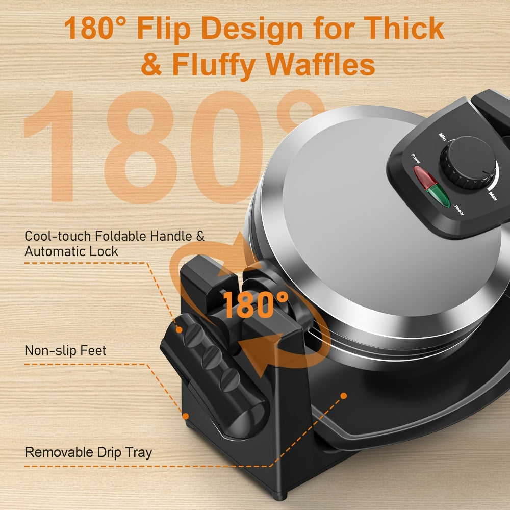 Rotating Belgian Waffle Maker 180° Flip Waffle Iron - Non-Stick Plates, Adjustable Browning Control, Foldable Cool-Touch Handle, Removable Drip Tray, Space-Saving Stainless Steel Design for Home Brunch