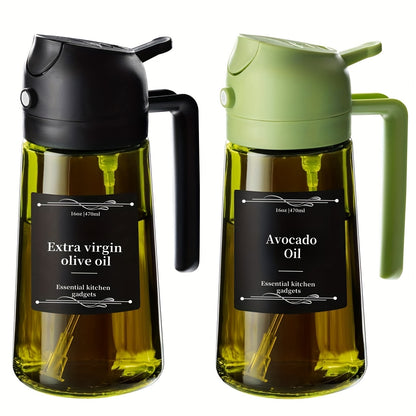 Olive Oil Dispenser Bottle 2-in-1 Glass Oil Sprayer & Dispenser 16oz Kitchen Cooking Oil Bottle with Labels for BBQ, Salad, Air Fryer & Grilling – 2 Pack