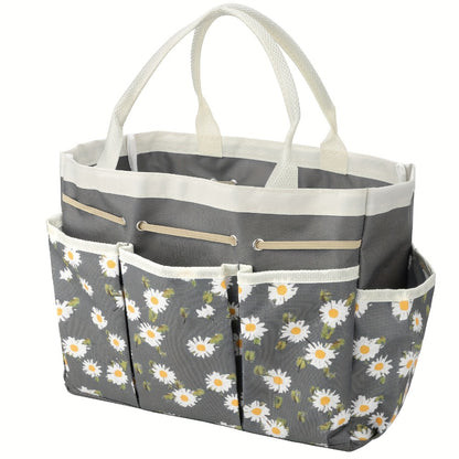 Garden Tool Bag Heavy Duty Multi-Pocket Organizer – Large Capacity Tool Storage Carrier Tote for Gardening, Lawn Care, Camping & Outdoor Work, Portable Daisy Pattern, Black & Gray (No Tools Included)