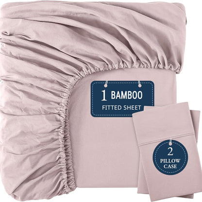 Bamboo Fitted Sheet Set 3-Piece – Cooling Breathable Soft Deep Pocket Bed Sheets, Twin Full Queen King, 12 Colors – Fits Mattress Up to 15"