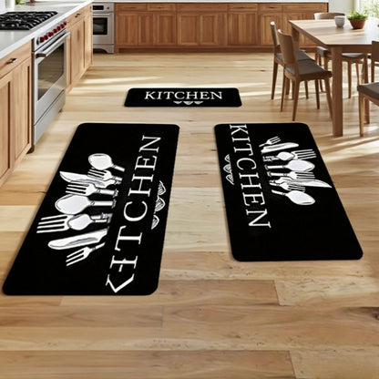 Kitchen Mat Set 3-Piece Alphabet Knife & Fork Pattern – Non-Slip Soft Washable Rugs for Kitchen, Dining Room & Bathroom