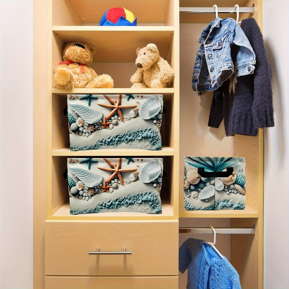 Storage Basket Fabric Organizer Bin – Beach Shell & Starfish Design for Shelf, Laundry, Nursery, Home Office, Dorm, Books, Clothes & Gifts
