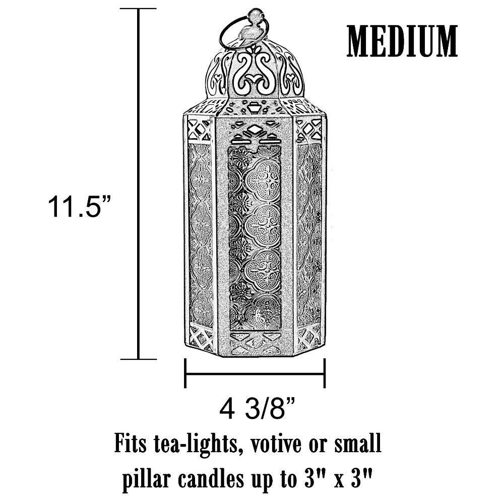 Moroccan Candle Lantern Holder - Decorative Metal & Glass Lantern with Embossed Floral Design for Indoor Home Decor, Garden, Patio, Weddings, Ramadan, Halloween & Holiday Celebrations - 10.5" Tall Medium Size