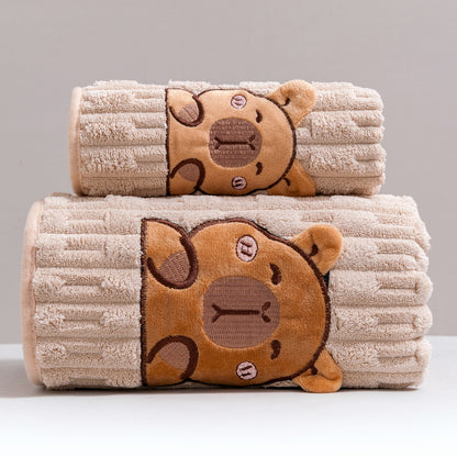 Bath Towel Set 2 Piece Cute Capybara Coral Fleece Super Soft Ultra Absorbent Quick Dry Face Towel and Bath Sheet for Spa Gym Hotel Guest Bathroom