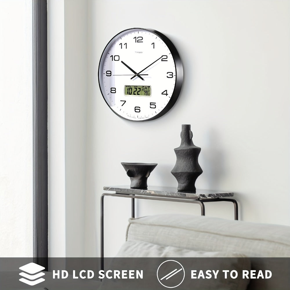 Silent Wall Clock Round Analog 10/12 Inch – Battery Operated, Calendar & Temperature Display, Non-Ticking Quiet Movement for Bedroom, Office & Living Room, Multiple Colors