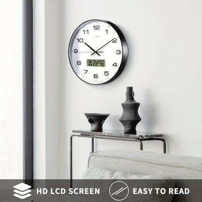 Silent Wall Clock Round Analog 10/12 Inch – Battery Operated, Calendar & Temperature Display, Non-Ticking Quiet Movement for Bedroom, Office & Living Room, Multiple Colors