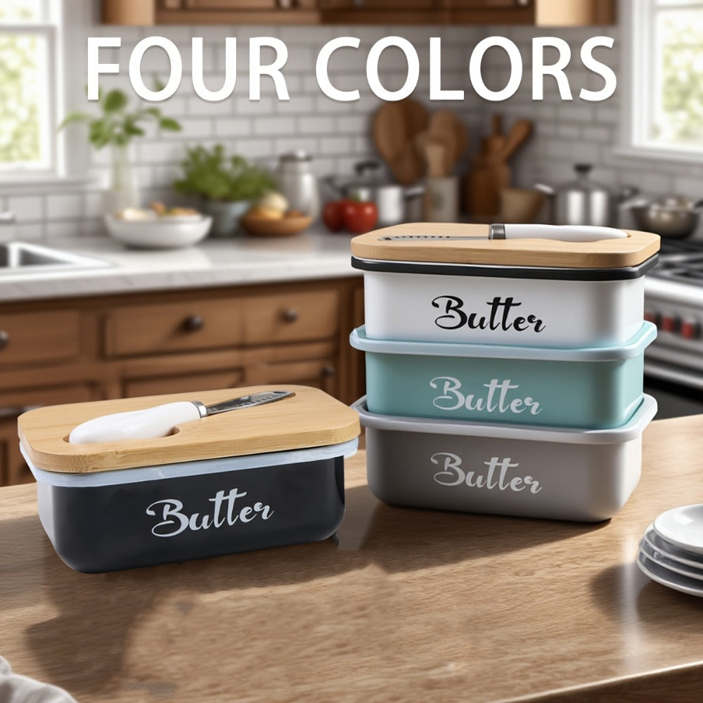 Butter Dish with Bamboo Lid & Knife, Iron Airtight Butter Keeper & Cheese Storage Box — Large Capacity Kitchen Counter Butter Container | Holiday Gift | Black, Gray, Green