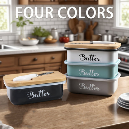 Butter Dish with Bamboo Lid & Knife, Iron Airtight Butter Keeper & Cheese Storage Box — Large Capacity Kitchen Counter Butter Container | Holiday Gift | Black, Gray, Green