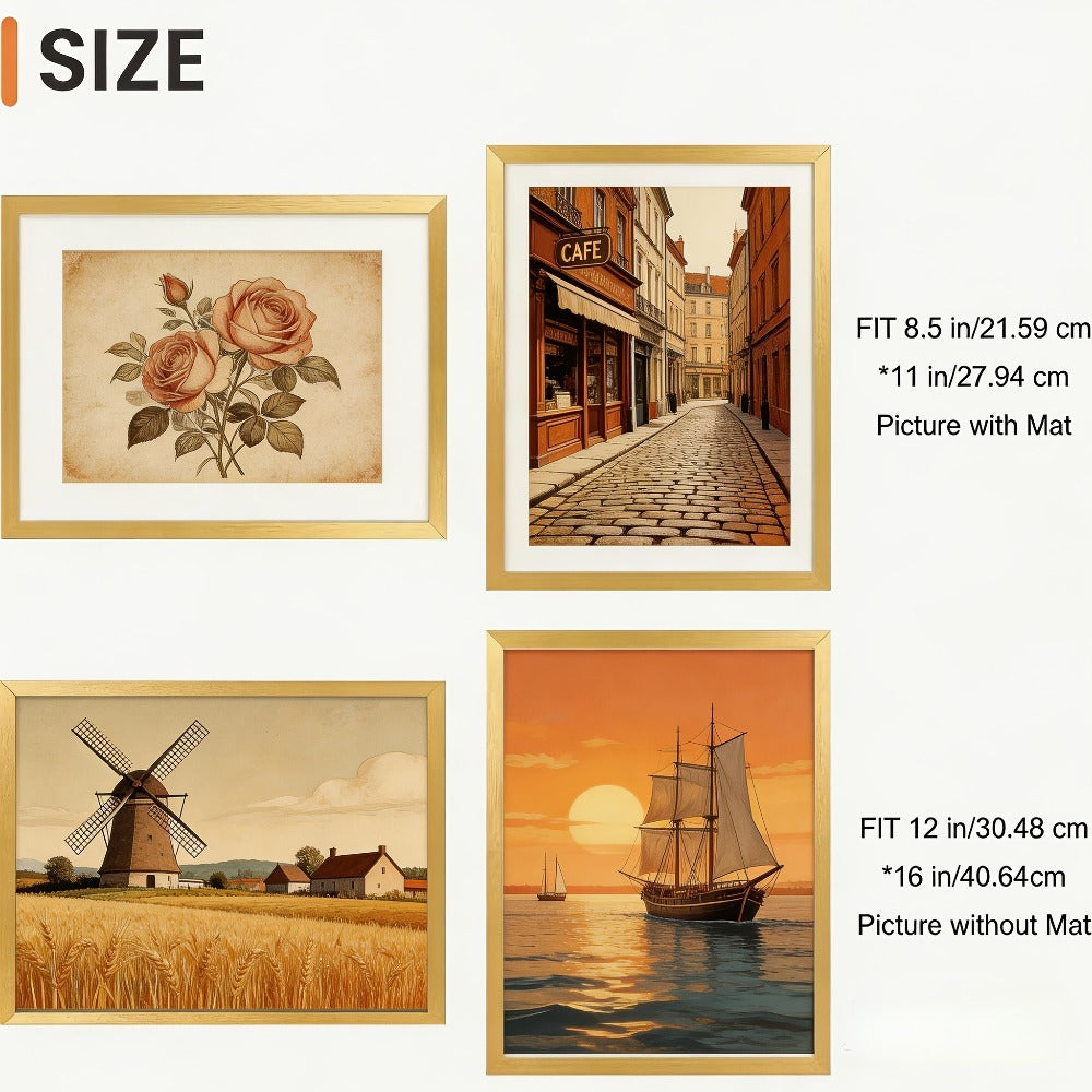 Picture Frame Set of 5 – 12x16 Inch Gallery Wall Photo Frames, Display 8.5x11 with Mat or 12x16 Without Mat | HD Cover, Horizontal & Vertical Hanging | Golden Wall Collage Frame Set for Home & Office