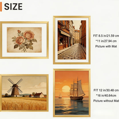 Picture Frame Set of 5 – 12x16 Inch Gallery Wall Photo Frames, Display 8.5x11 with Mat or 12x16 Without Mat | HD Cover, Horizontal & Vertical Hanging | Golden Wall Collage Frame Set for Home & Office