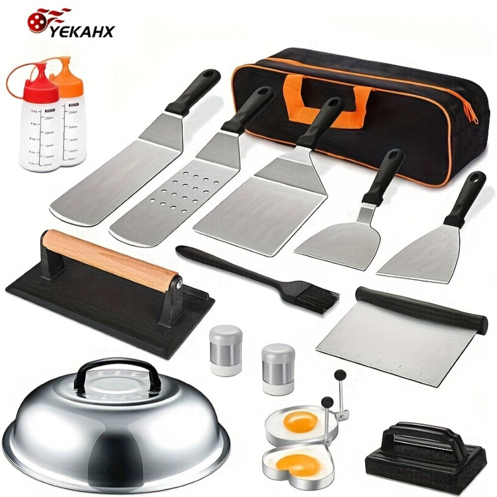 BBQ Grill Tool Set 8/17pcs – Teppanyaki Meat Press & Barbecue Accessories for Outdoor Camping, Kitchen & Parties