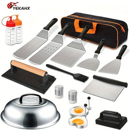 BBQ Grill Tool Set 8/17pcs – Teppanyaki Meat Press & Barbecue Accessories for Outdoor Camping, Kitchen & Parties