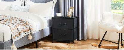 Nightstand with 2 Storage Drawers, 20" Bedside Table with Wooden Top & Fabric Cabinet, Steel Frame Mini Dresser for Bedroom, Dorm, Living Room – 1pc or Set of 2pcs, Black White Grey Rustic Brown