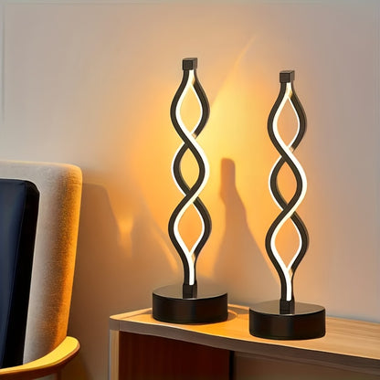 Spiral LED Table Lamp – Modern Minimalist Wave Dimmable Desk Lamp, 3 Color Temperatures, USB Charging, Metallic Base, Creative Curved Night Light for Bedroom Living Room Office Study (1pc / 2pc / Wooden)
