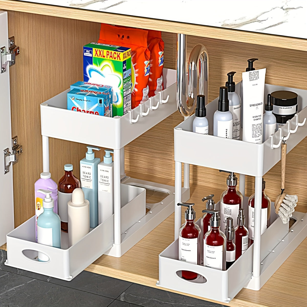 Under Sink Organizer Set of 2 – Dual Tier Sliding Basket Drawers with 8 Hooks Kitchen Bathroom Cabinet Storage