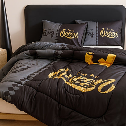 Comforter Set 3-Piece – Soft Breathable Quilt with 2 Pillowcases, Black Grey Color Block Crown Letter Print, Twin Full Queen King, 180GSM Bedroom Bedding Set