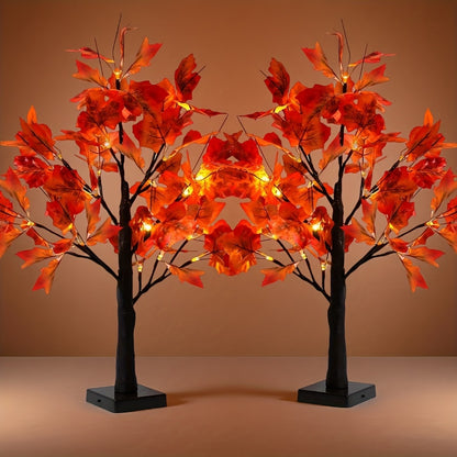 LED Maple Leaf Tree Decor Light Up Desktop Ornament 2 Pack | 24 LED Battery Powered Warm Light | Autumn Thanksgiving Table Lamp for Home Bedroom Party Wedding Holiday Gift