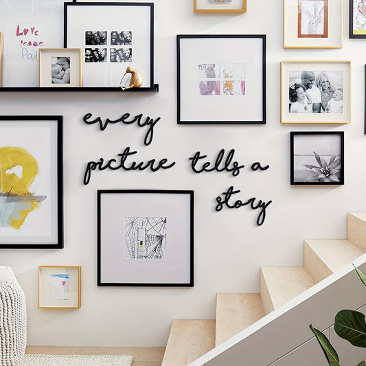 Black Metal Wall Art Photo Collage Frame – "Every Picture Tells a Story" Vertical Rectangular Contemporary Picture Display with White Border for Home Decor & Anniversary Gift