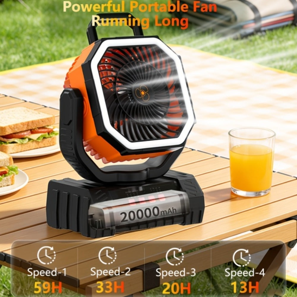 Camping Fan 20000mAh with LED Lantern and Remote Control, 4-Speed 90° Oscillation 1-8H Timer, 59-Hour Battery Life Power Bank Fan with Hook for Tent, Hiking, Outdoor and Indoor Use