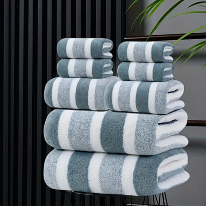 Hotel Towel Set 8 Piece No Hair Loss 280GSM - Five Star Standard Two-Color Striped Super Soft High Absorbency | 2 Bath Towels 2 Face Towels 4 Hand Towels | Grey Red Green | Home Bathroom Spa Gift