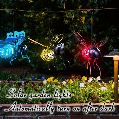 Solar Hanging Bee & Ladybug Lights Set of 3, Metal Decorative Solar Garden Lights — Outdoor Hanging Decor for Balcony, Garden, Living Room & Flower Shop | Red, Yellow & Blue