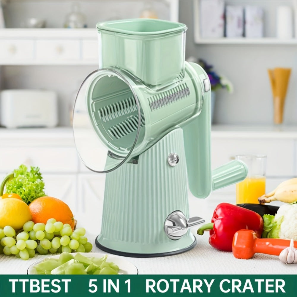 Rotary Cheese Grater with Interchangeable Blades – 5-in-1 Manual Vegetable Slicer Shredder Set, Suction Cup Base, Easy to Clean, Multifunctional Kitchen Tool for Fruits, Vegetables & Nuts