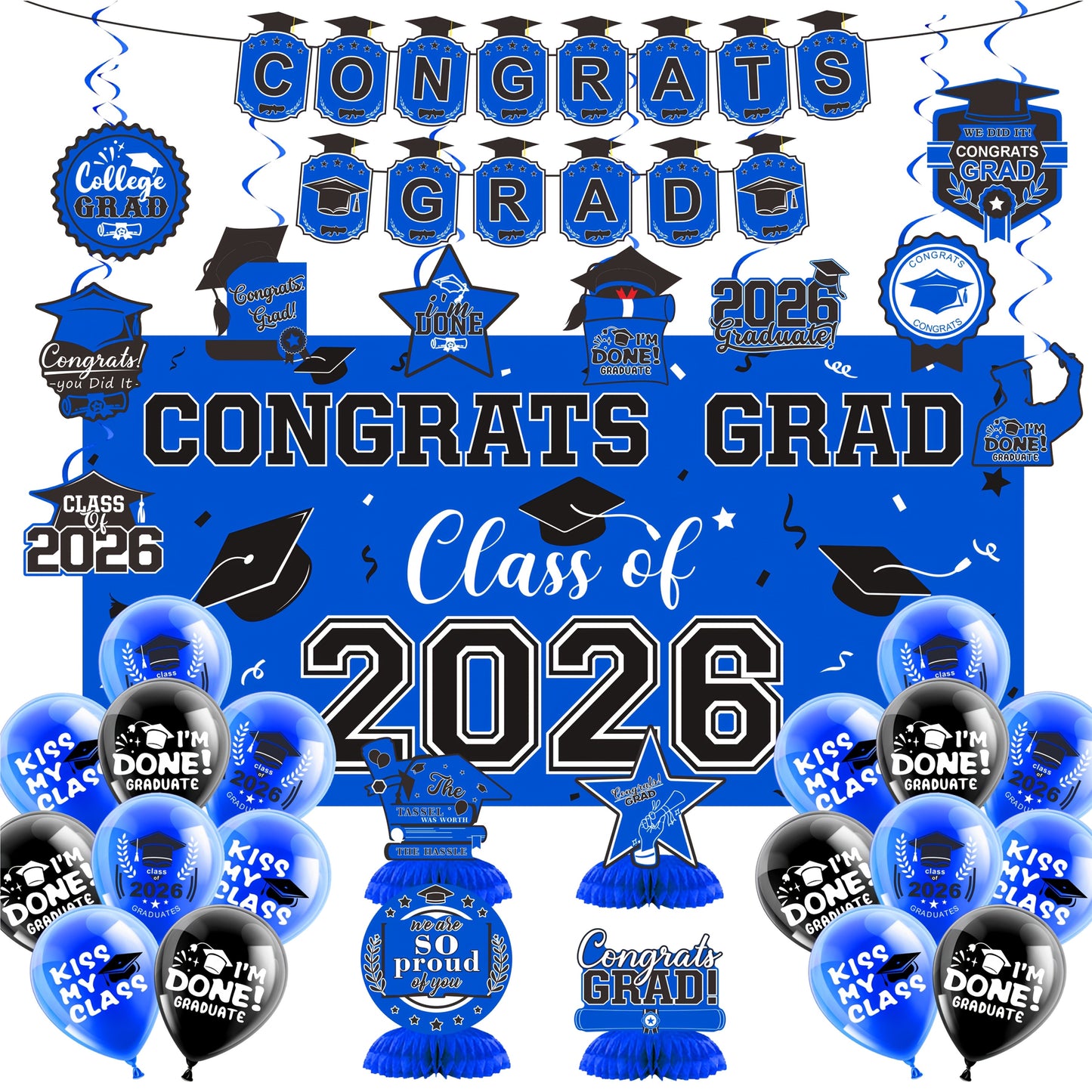 2026 Graduation Decorations Set – Congrats Grad Banner, Backdrop, Hanging Swirls & Honeycomb Table Toppers, Class of 2026 Party Supplies Kit