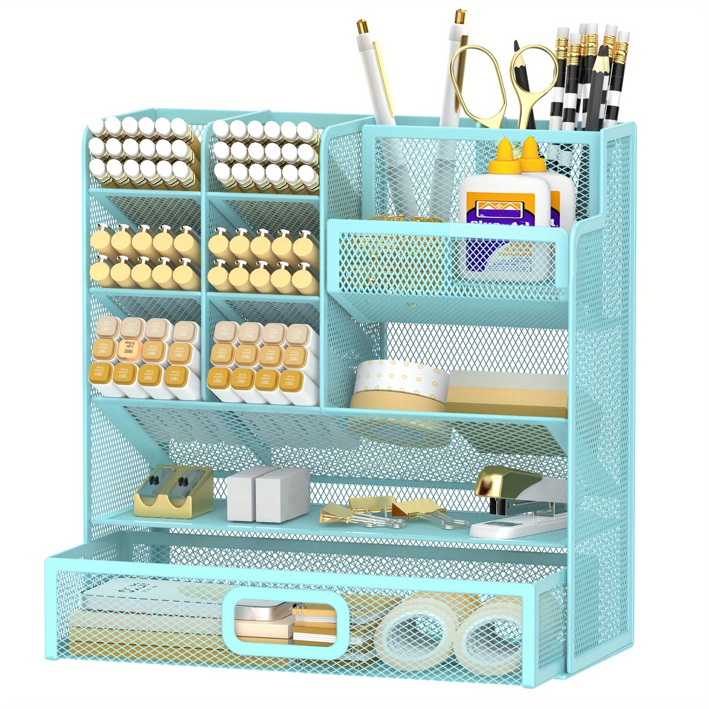 Mesh Desk Organizer with Drawer – Multifunctional Desktop Pen Holder & Office Supply Organizer for Home Office, School & Art Studio – Pencil Cup Caddy with Storage Compartments, Multiple Colors Available