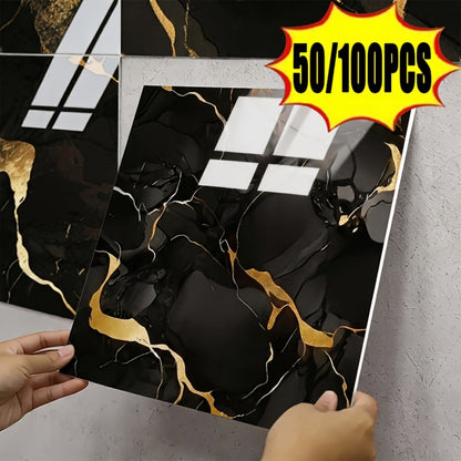 Self-Adhesive Marble Tile Stickers 11.8x11.8in Peel and Stick Wall Tiles for Bathroom Kitchen Backsplash – Waterproof 3D Glossy Imitation Marble Wall Panel, Easy to Install, 50 or 100 Pack