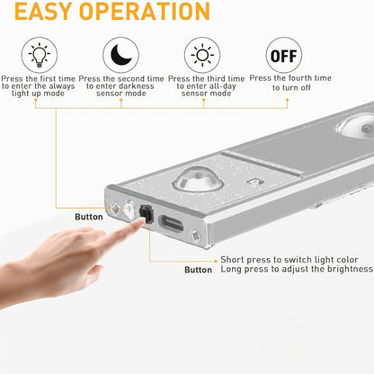 Motion Sensor LED Cabinet Light USB Rechargeable Dimmable Night Light Gesture Control 3 Modes Wireless Under Cabinet Lighting for Kitchen Bedroom Stairs Closet Reading Bedside 2pcs 3pcs