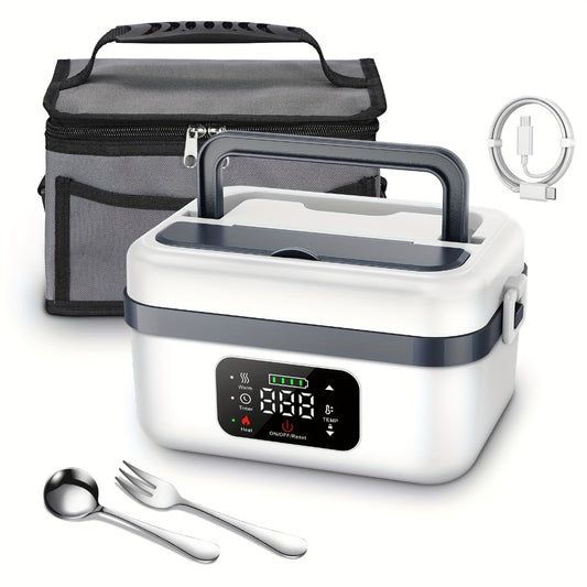 Self Heating Lunch Box Battery Powered 8000mAh - 60W Portable Electric Food Warmer with Smart Timer 1 Liter Stainless Steel Inner Container for Home Car Office and Truck, Leak Proof with Fork Spoon and Carry Bag, Gift for Men and Women