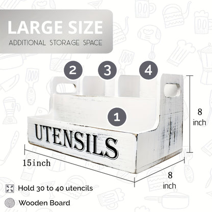 Kitchen Utensil Organizer Extra Large 4 Compartments Wooden Countertop Crock Farmhouse Rustic Cooking Utensil Holder for Kitchen in White and Black