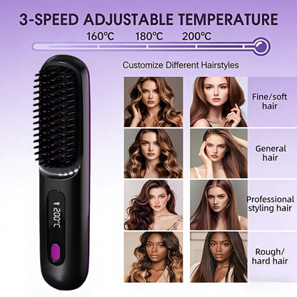 Cordless Hair Straightening Brush – Mini Rechargeable Portable Straightener Comb for Travel Daily Styling, Fast Heating Anti-Scald Frizz Control for All Hair Types, Black & White