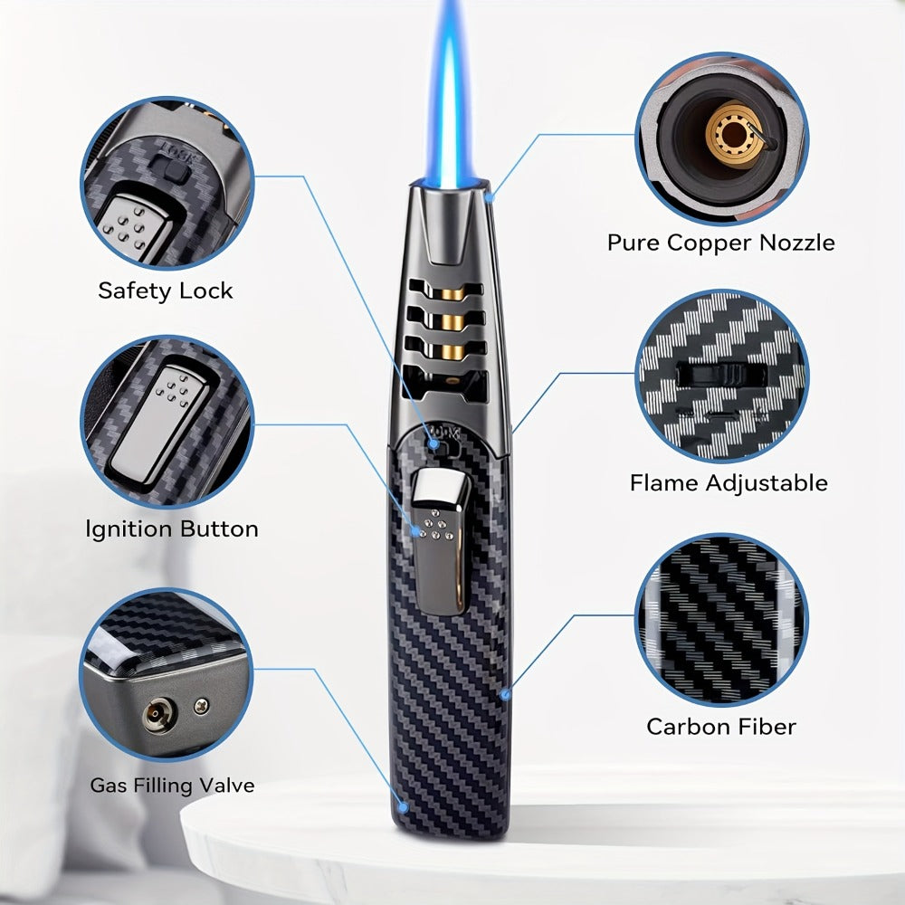 Kitchen Torch Lighter Carbon Fiber Windproof, Adjustable High-Temperature Flame with Safety Lock, Refillable Butane Culinary Torch for Baking, Creme Brulee, Caramel, Welding & Outdoor Use – Black & Gray (Butane Not Included)
