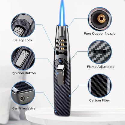 Kitchen Torch Lighter Carbon Fiber Windproof, Adjustable High-Temperature Flame with Safety Lock, Refillable Butane Culinary Torch for Baking, Creme Brulee, Caramel, Welding & Outdoor Use – Black & Gray (Butane Not Included)