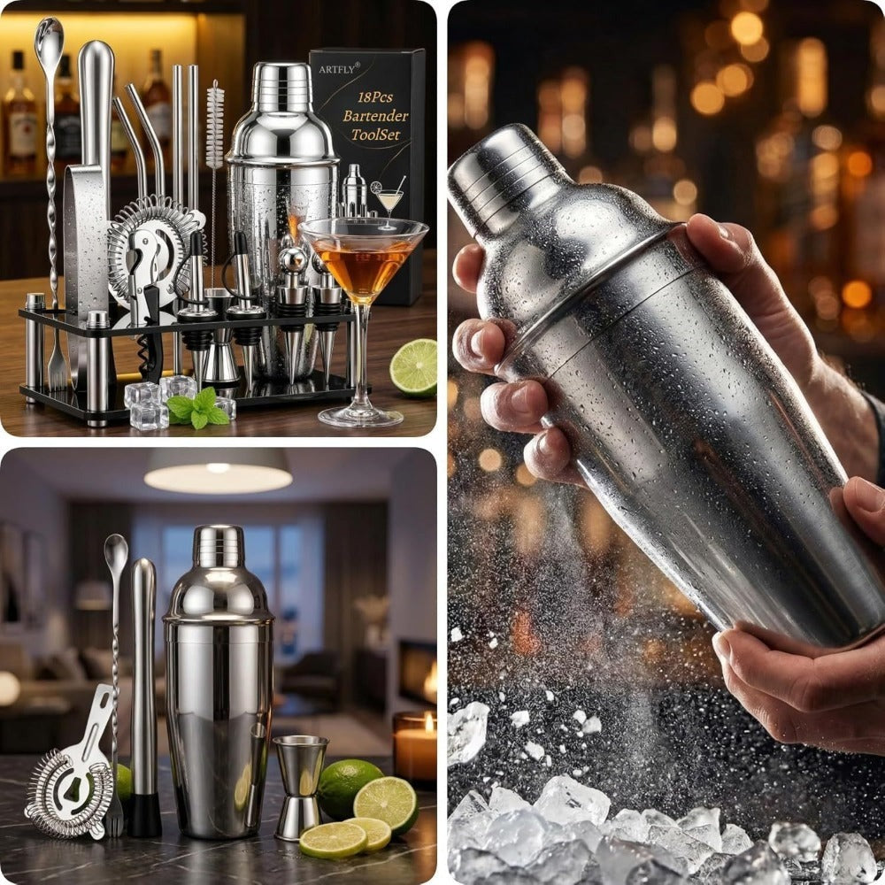 Bartender Kit 18-Piece with Acrylic Stand, 18/8 Stainless Steel Bar Set, Martini Shaker, Jigger, Muddler & Recipe Book – Complete Home Bar Tool Set