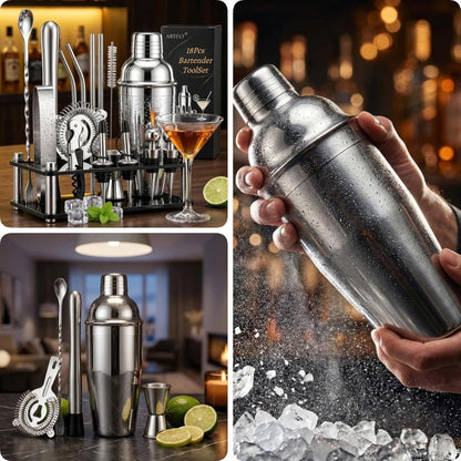 Bartender Kit 18-Piece with Acrylic Stand, 18/8 Stainless Steel Bar Set, Martini Shaker, Jigger, Muddler & Recipe Book – Complete Home Bar Tool Set