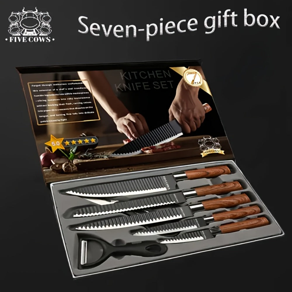 Kitchen Knife Set 6 & 7-Piece High-Carbon Stainless Steel with Ergonomic Wooden Handles – Ultra-Sharp Chef's Knife, Peeler & Scissors