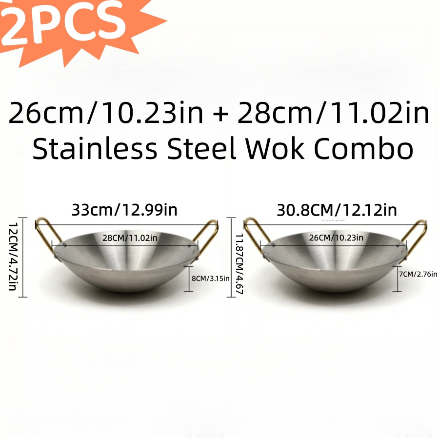 Stainless Steel Wok Set 2pcs 10in + 11in | Heavy Duty Non-Stick Frying Pan with Stainless Steel Handle – Dishwasher Safe Cookware for Home Kitchen & Outdoor Cooking