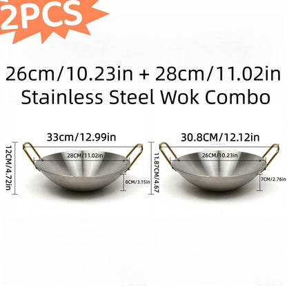 Stainless Steel Wok Set 2pcs 10in + 11in | Heavy Duty Non-Stick Frying Pan with Stainless Steel Handle – Dishwasher Safe Cookware for Home Kitchen & Outdoor Cooking