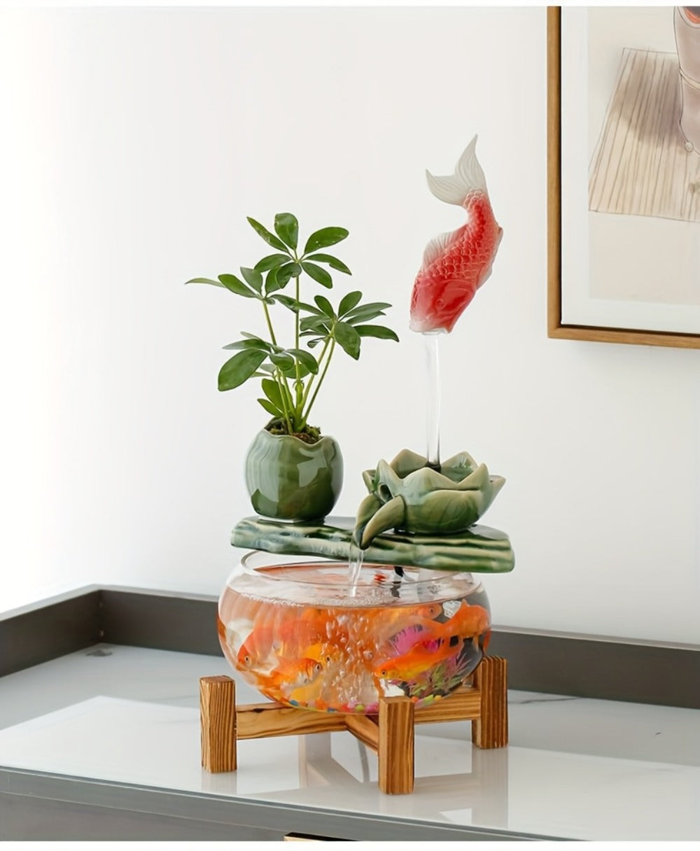 USB Desktop Fish Waterfall Fountain with Glass Bowl – Relaxing Indoor Water Feature Tabletop Decor Zen Fountain Gift
