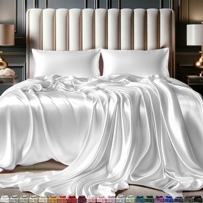 Satin Sheet Set 4 Piece Luxury Silky Smooth Soft Microfiber 15 Inch Deep Pocket Good for Hair Skin Double Stitching Wrinkle Free Twin Full Queen King