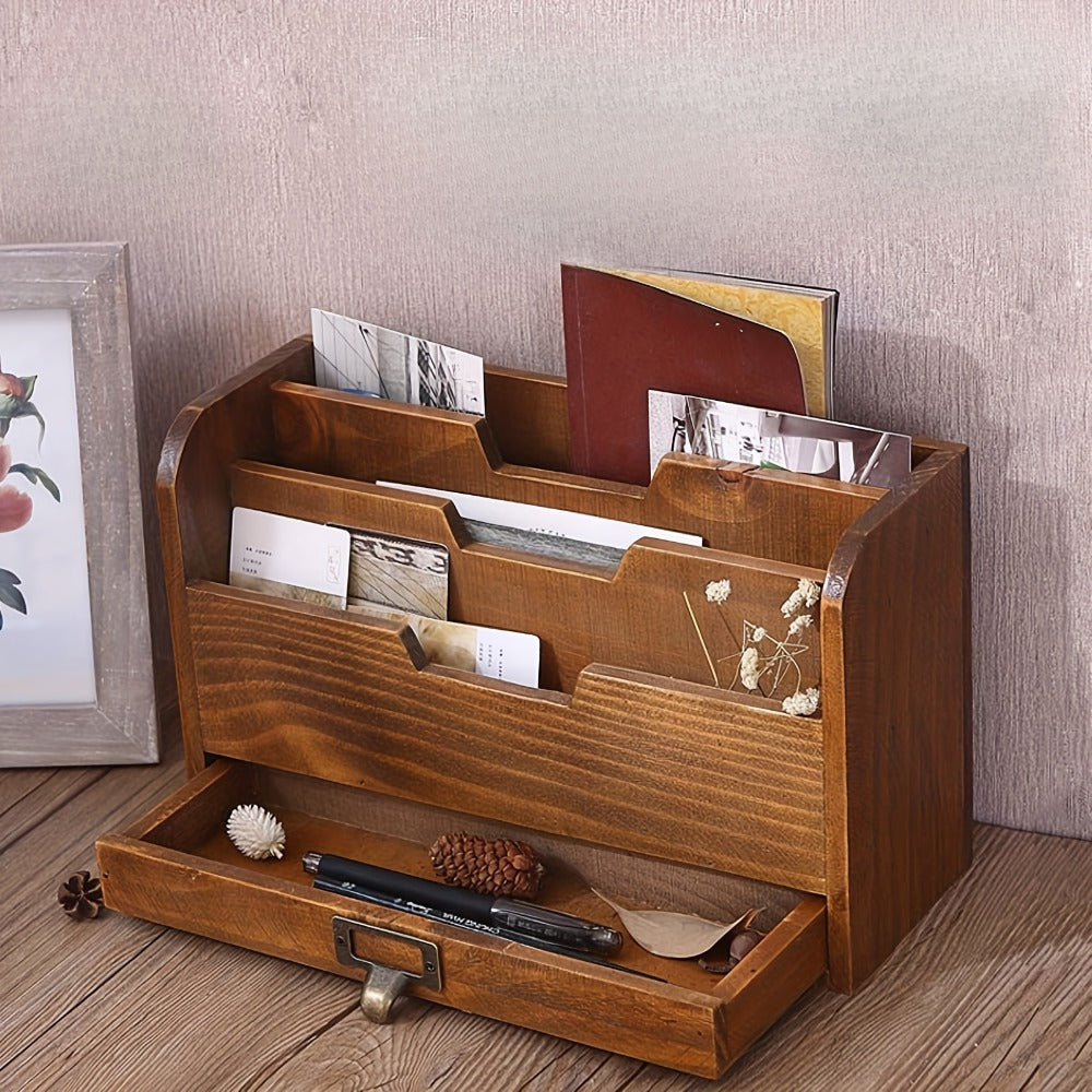 Wooden Desktop File Organizer with Drawer – Multi-Compartment Document Storage Rack for Office, Home & Study – Desk File Folder Holder with Sundries Organizer Shelf for Papers, Books & Supplies