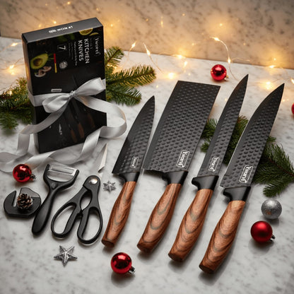 Chef Knife Set 7 Piece High Carbon Stainless Steel Ultra Sharp – Anti-Stick Ergonomic PP Handle, Includes Slicing Knife, Scraper, Scissors & Whetstone, Gift Box for Home, Family & Travel