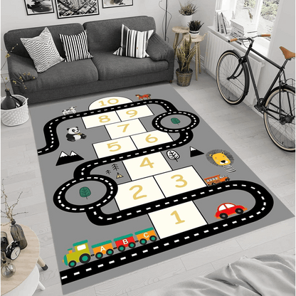Kids Play Rug 4x6ft Race Track & Hopscotch Game | Washable Children Carpet | Colorful Train Design | Playroom Classroom Bedroom Rug | Digital Print Kids Area Rug 120x180cm