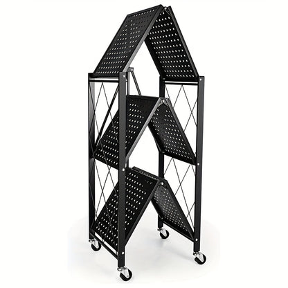 Heavy Duty Storage Rack with Wheels 3-Layer Foldable Metal Shelving Unit 750 LBS Capacity, Rolling Utility Cart for Garage Kitchen Pantry Closet, Movable Black Metal Storage Shelf