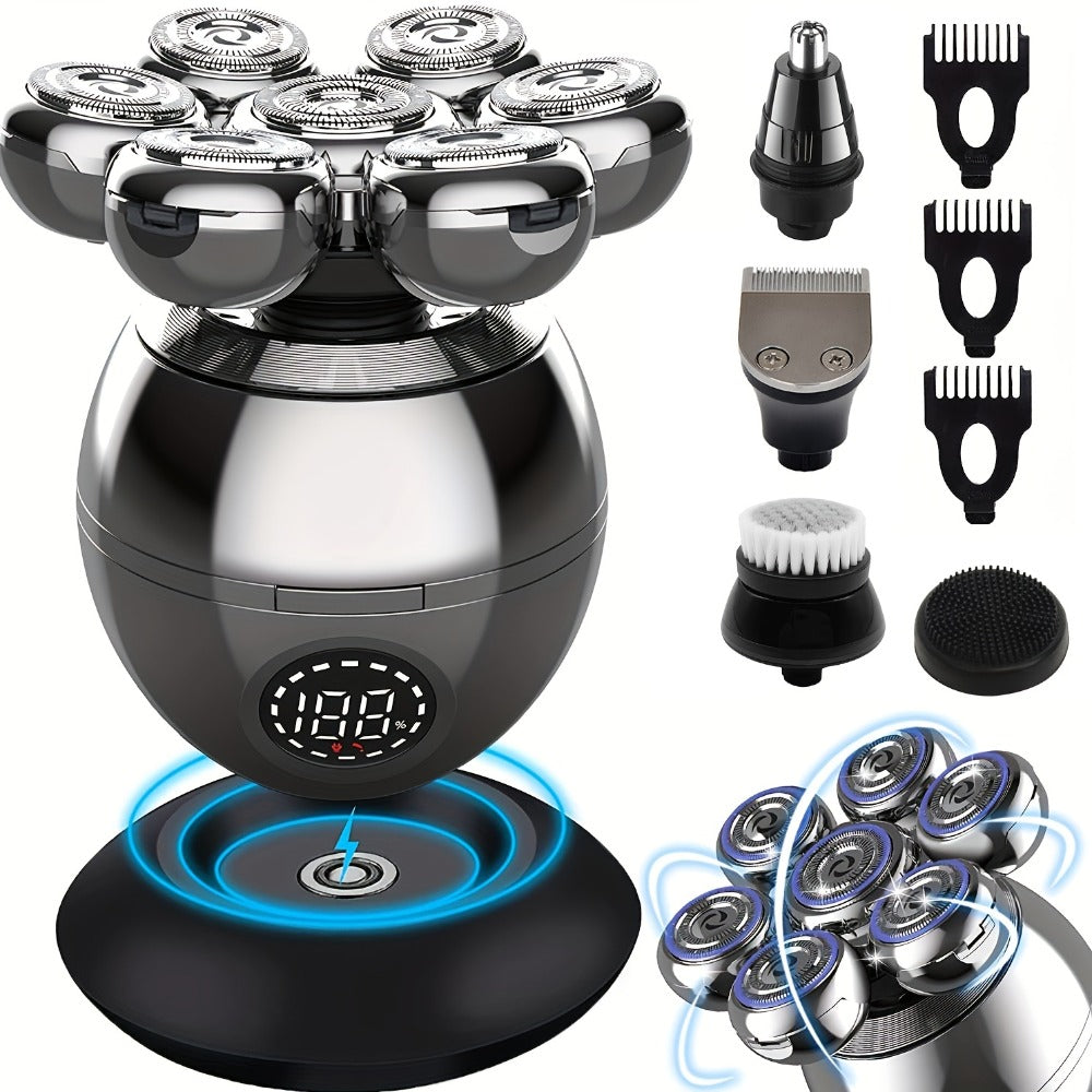 Electric Head Shaver for Bald Men 5-in-1 Grooming Kit with Rotary Blades, Hair Clipper, Nose Trimmer, Cleaning Brush & Scalp Massager – Cordless Rechargeable Skull Shaver, Silver & Gold