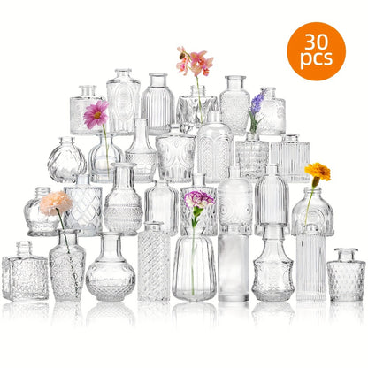 Mini Clear Bud Vases Bulk Set 12/30/43/52pcs – Small Glass-Look Flower Vases for Wedding Centerpieces, Birthday Party, Anniversary, Home Table Decor, Multiple Sizes