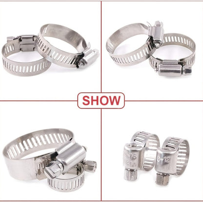 Stainless Steel Hose Clamps 100-Pack Assortment Kit - Multiple Universal Sizes Adjustable Hose Clips for Fuel Line Plumbing Automotive Garden Marine HVAC, Heavy Duty with Storage Case, Silver